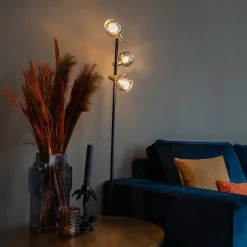 QAZQA Art Deco Stehleuchte schwarz und gold mit Rauchglas 3-Licht - Vidro