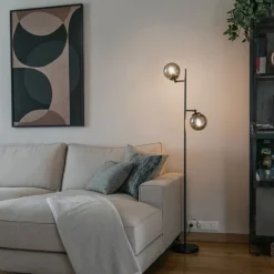 QAZQA Art Deco Stehleuchte schwarz mit Rauchglas 2-Licht - Pallon