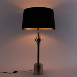 QAZQA Art Deco Tischlampe schwarz mit Baumwollschirm schwarz 45 cm - Diverso