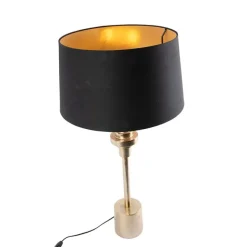 QAZQA Art Deco Tischlampe schwarz mit Baumwollschirm schwarz 45 cm - Diverso