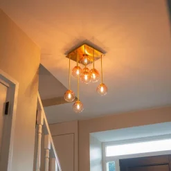 QAZQA Art-Deco-Deckenlampe Gold mit rosa Glas 9 Lichter - Athen