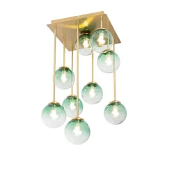 QAZQA Art-Deco-Deckenlampe Gold mit grünem Glas 9 Lichter - Athen
