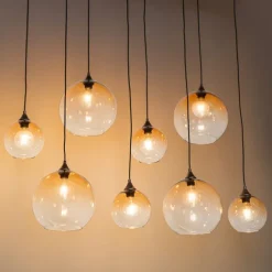 QAZQA Art-Deco-Hängelampe aus Bronze mit bernsteinfarbenem Glas, 8-flammig – Sandra