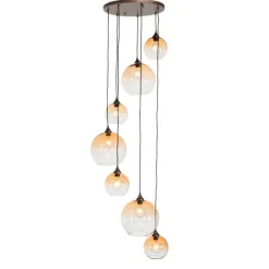 QAZQA Art-Deco-Hängelampe aus Bronze mit bernsteinfarbenem Glas, rund, 7-flammig – Sandra