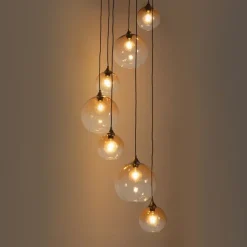 QAZQA Art-Deco-Hängelampe aus Bronze mit bernsteinfarbenem Glas, rund, 7-flammig – Sandra