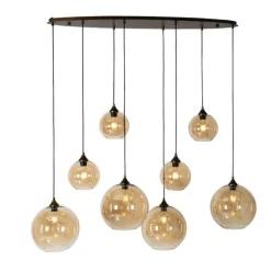 QAZQA Art-Deco-Hängelampe aus dunkler Bronze mit bernsteinfarbenem Glas, oval, 8-flammig – Sandra