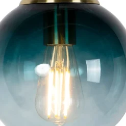 QAZQA Art-Deco-Hängelampe aus Messing mit ozeanblauem Glas 20 cm – Pallon