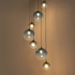 QAZQA Art-Deco-Hängelampe aus Messing mit blauem Glas, rund, 7-flammig – Sandra