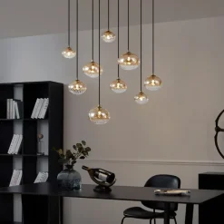 QAZQA Art-Deco-Hängelampe Gold mit bernsteinfarbenem Glas 9-flammig - Jia