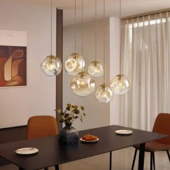 QAZQA Art-Deco-Hängelampe Messing mit ovaler Deckenplatte und bernsteinfarbenem Glas 6-flammig - Douglass