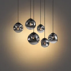 QAZQA Art-Deco-Hängelampe schwarz mit ovaler Deckenplatte und Rauchglas 6-flammig - Douglass