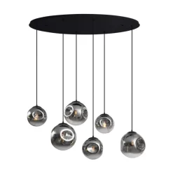 QAZQA Art-Deco-Hängelampe schwarz mit ovaler Deckenplatte und Rauchglas 6-flammig - Douglass