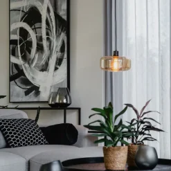 QAZQA Art-Deco-Hängelampe schwarz mit braunem Glas - Bizle