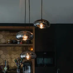 QAZQA Art-Deco-Hängelampe schwarz mit Rauchglas rund 3-flammig – Ayesha