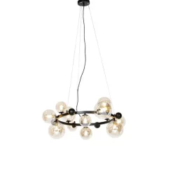 QAZQA Art-Deco-Hängelampe schwarz mit bernsteinfarbenem Glas 12 Lichter – David