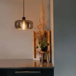 QAZQA Art-Deco-Hängelampe schwarz mit Rauchglas - Bizle