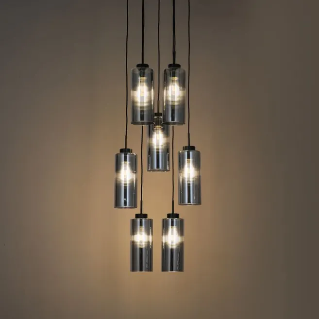 QAZQA Art-Deco-Hängelampe schwarz mit Rauchglas 7-flammig – Laura