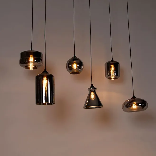 QAZQA Art-Deco-Hängelampe schwarz mit Rauchglas 6 Lichter - Wallace