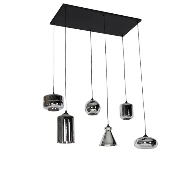 QAZQA Art-Deco-Hängelampe schwarz mit Rauchglas 6 Lichter - Wallace