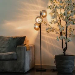 QAZQA Art-Deco-Stehlampe schwarz mit Rauchglas 3-flammig – Ayesha