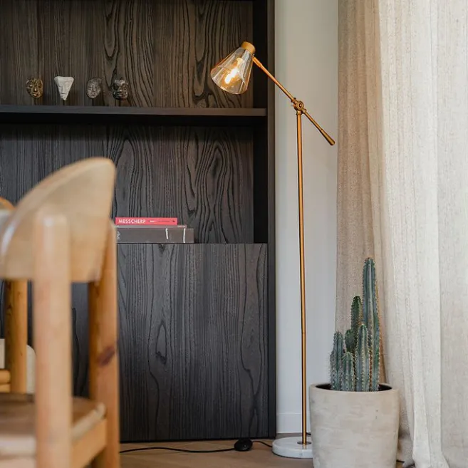 QAZQA Art-Deco-Stehleuchte aus Bronze mit Marmor und bernsteinfarbenem Glas – Nina