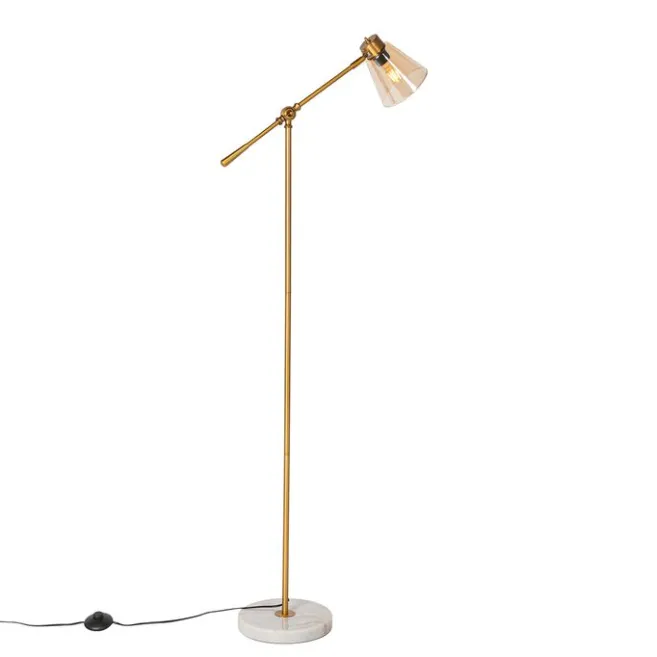 QAZQA Art-Deco-Stehleuchte aus Bronze mit Marmor und bernsteinfarbenem Glas – Nina