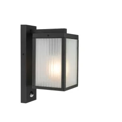 QAZQA Außenwandlaterne schwarz mit geripptem Glas und Bewegungssensor - Charlois