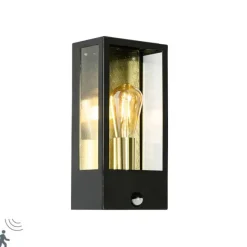 QAZQA Außenwandleuchte schwarz mit Gold und Bewegungsmelder - Rotterdam