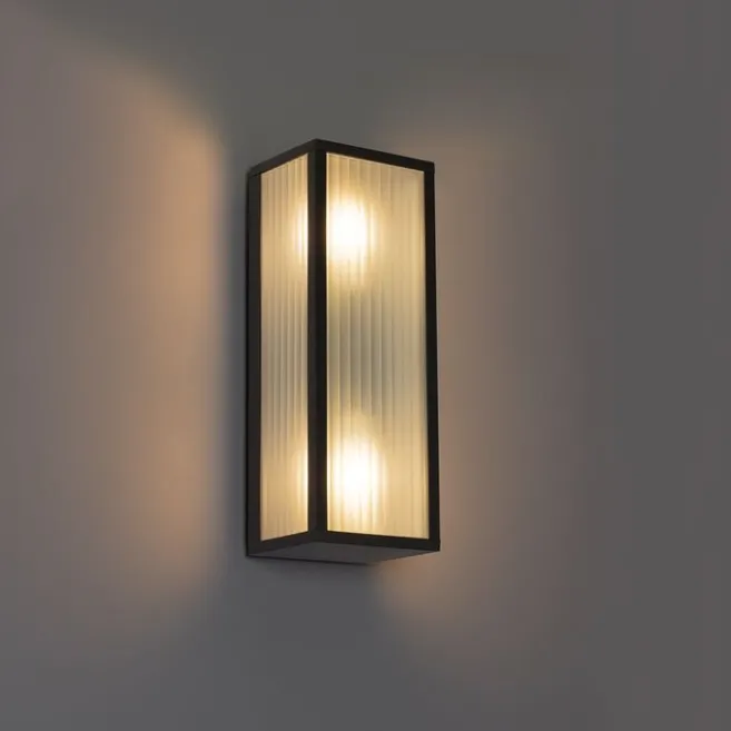 QAZQA Außenwandleuchte schwarz mit geripptem Glas 2-flammig IP44 - Charlois