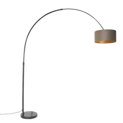QAZQA Bogenleuchte schwarz mit Samtlampenschirm Taupe mit Gold 50 cm - XXL