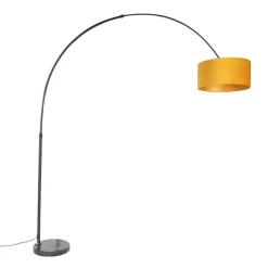 QAZQA Bogenleuchte schwarz mit Samt-Schirm senfgelb mit Gold 50 cm - XXL