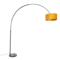 QAZQA Bogenleuchte schwarz mit Samt-Schirm senfgelb mit Gold 50 cm - XXL
