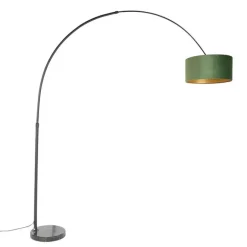 QAZQA Bogenleuchte Schwarz Samtlampenschirm Grün mit Gold 50 cm - XXL