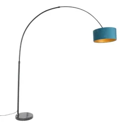 QAZQA Bogenleuchte schwarzer Samt-Schirm blau mit Gold 50 cm - XXL