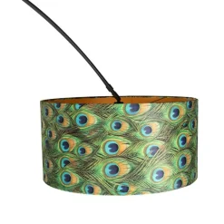 QAZQA Botanische Bogenlampe mit schwarzem Samt-Schirm Pfauen-Design 50 cm - XXL