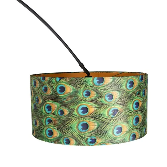 QAZQA Botanische Bogenlampe mit schwarzem Samt-Schirm Pfauen-Design 50 cm - XXL