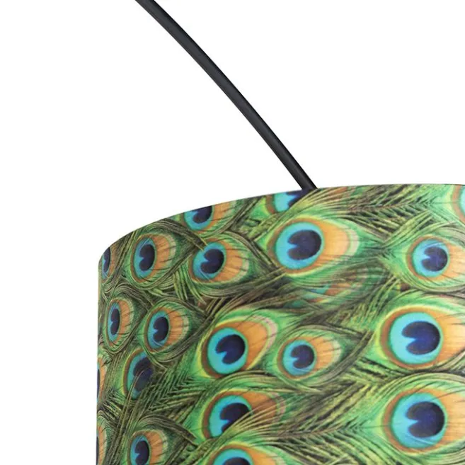 QAZQA Botanische Bogenlampe mit schwarzem Samt-Schirm Pfauen-Design 50 cm - XXL