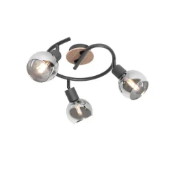 QAZQA Deckenleuchte schwarz 44,5 cm mit Rauchglas und Holz 3-flammig - Vidro