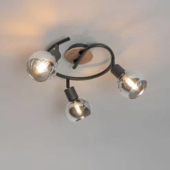 QAZQA Deckenleuchte schwarz 44,5 cm mit Rauchglas und Holz 3-flammig - Vidro