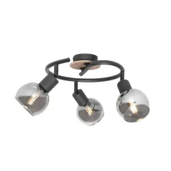 QAZQA Deckenleuchte schwarz 44,5 cm mit Rauchglas und Holz 3-flammig - Vidro