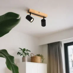 QAZQA Deckenleuchte schwarz mit Holz 2-flammig verstellbar rechteckig - Jeana