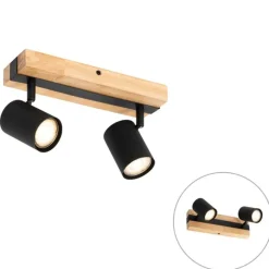 QAZQA Deckenleuchte schwarz mit Holz 2-flammig verstellbar rechteckig - Jeana