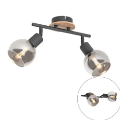 QAZQA Deckenleuchte schwarz mit Rauchglas und Holz 2-flammig - Vidro