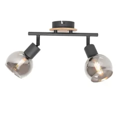 QAZQA Deckenleuchte schwarz mit Rauchglas und Holz 2-flammig - Vidro