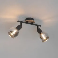 QAZQA Deckenleuchte schwarz mit Rauchglas und Holz 2-flammig - Vidro