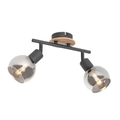 QAZQA Deckenleuchte schwarz mit Rauchglas und Holz 2-flammig - Vidro