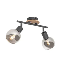 QAZQA Deckenleuchte schwarz mit Rauchglas und Holz 2-flammig - Vidro