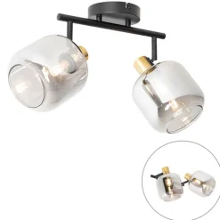QAZQA Deckenspot Schwarz / Gold mit Rauchglas 2-flammig - Zuzanna