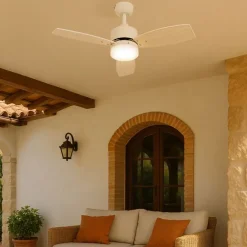 QAZQA Deckenventilator für Außenbereich weiß mit Holzaufdruck 91,3 cm inkl. LED Dimmbar mit Fernbedienung IP44 - Toledo