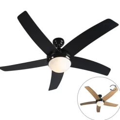 QAZQA Deckenventilator schwarz mit Holzprint 132cm mit Fernbedienung - Cool